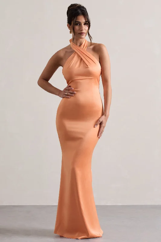 Unbeatable | Peach Satin Cross Over Halter-Neck Maxi Dress Cozy Maxi Dress with Slit