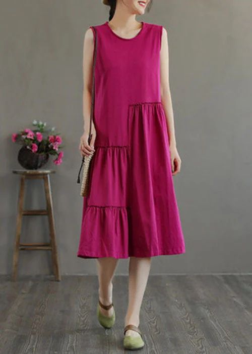 Unique Rose O-Neck Wrinkled Cotton Maxi Dresses Sleeveless Comfortable Fit-and-Flare Maxi Dress