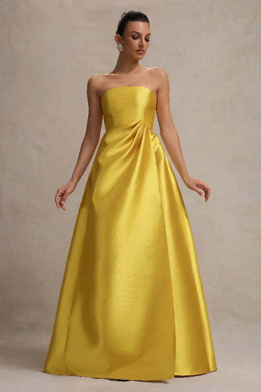 Universe | Mustard Bandeau Split Puff-Skirt Maxi Dress Stylish Button-Up Maxi Dress