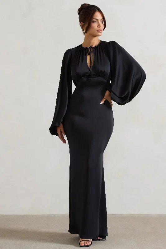 Wild Rose | Black Satin Puff-Sleeve Cut-Out Maxi Dress Classic Tulle Maxi Dress