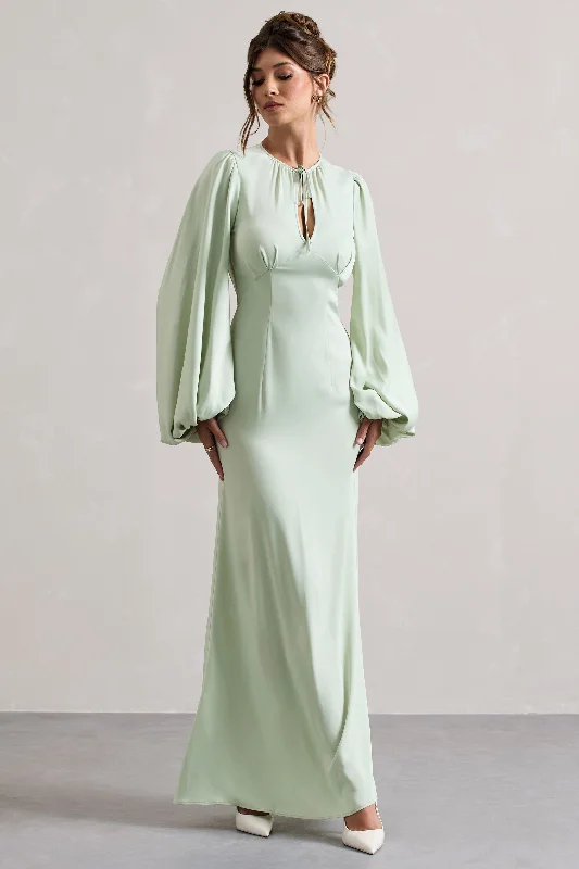 Wild Rose | Light Green Puff-Sleeve Cut-Out Maxi Dress Elegant Lace-Up Maxi Dress