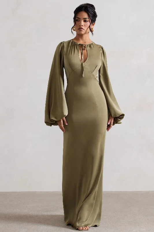 Wild Rose | Olive Satin Puff-Sleeve Cut-Out Maxi Dress Stylish Off-Shoulder Maxi Dress