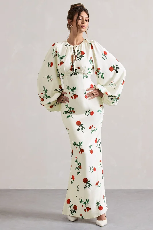 Wild Rose | Rose Print Satin Puff-Sleeve Cut-Out Maxi Dress Stylish Long Sleeve Maxi Dress