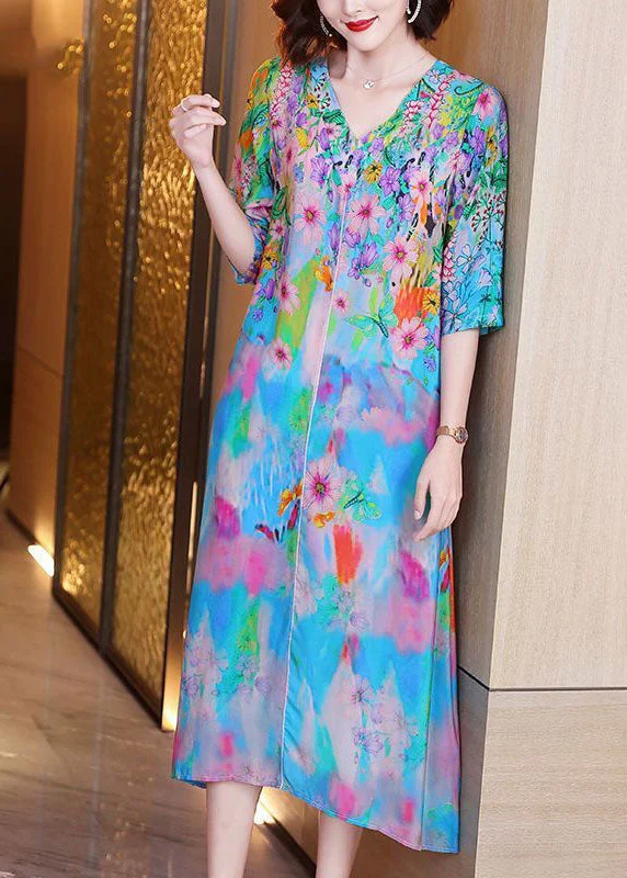 Women Light Blue V Neck Patchwork Print Silk Maxi Dresses Half Sleeve Cozy Knit Maxi Dress