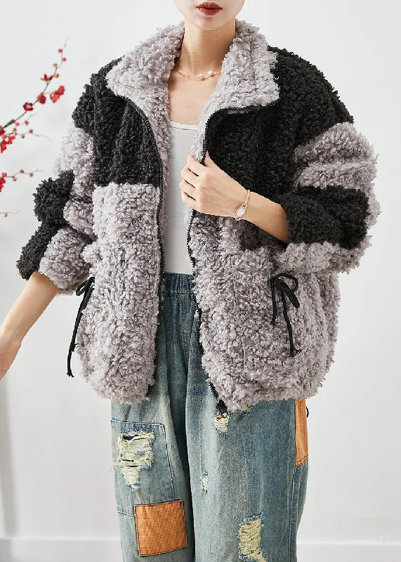 Bohemian Colorblock Oversized Patchwork Pockets Fleece Jackets Winter Faux Fur Fabric Real Fur Fabric Shearling Fabric