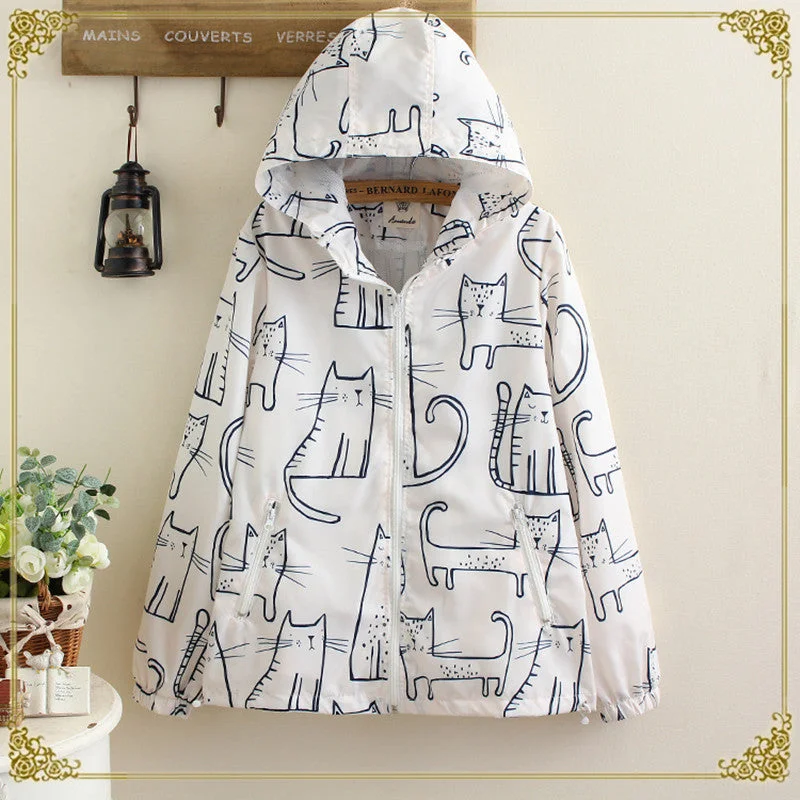 Cat graffiti loose short jacket female hooded coat YV279 Front Pockets Side Pockets Patch Pockets