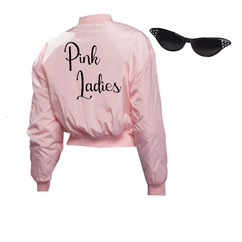 Grease Pink Ladies Bomber Jacket Notch Collar Peter Pan Collar Cowl Neck