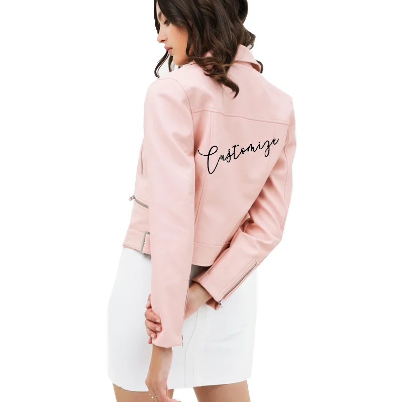 Custom Text Pink Crop Leather Jacket Cardigan Sweater Pullover