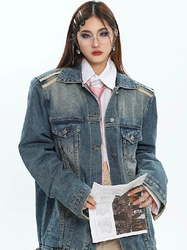 Dalia Washed Denim Long Sleeve Button Up Jean Jacket Notch Collar Peter Pan Collar Cowl Neck