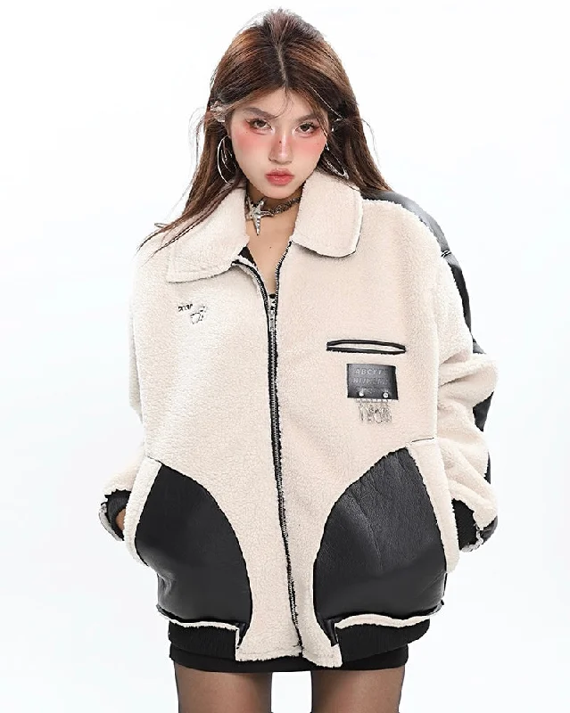 Janessa Cream Color Fleece Patchwork Pu Leather Jacket Insulated Jacket Fitted Jacket Loose Jacket