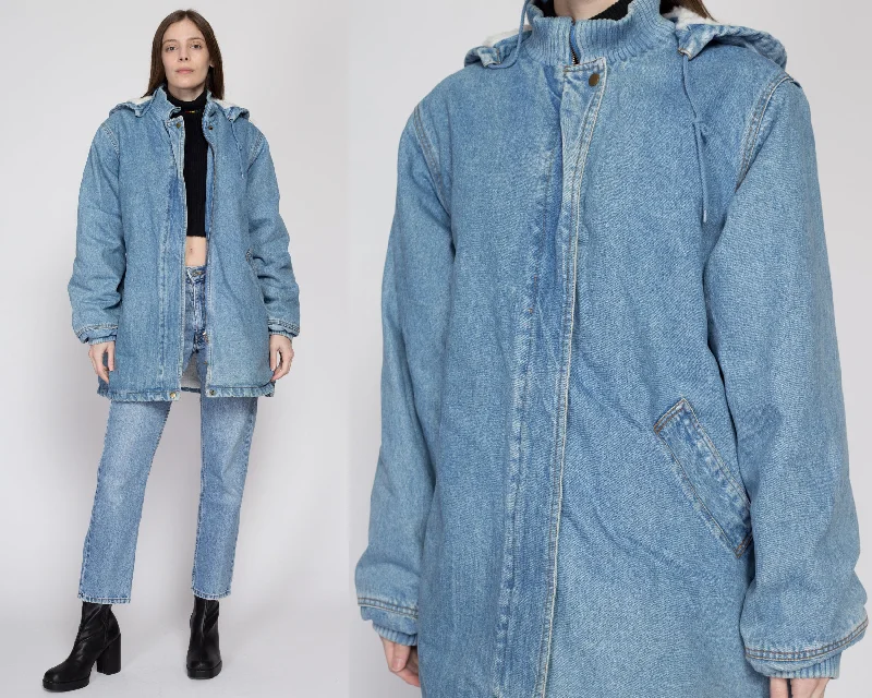 Large 90s Denim Sherpa Hooded Chore Jacket Welt Pockets Slit Pockets Flap Pockets