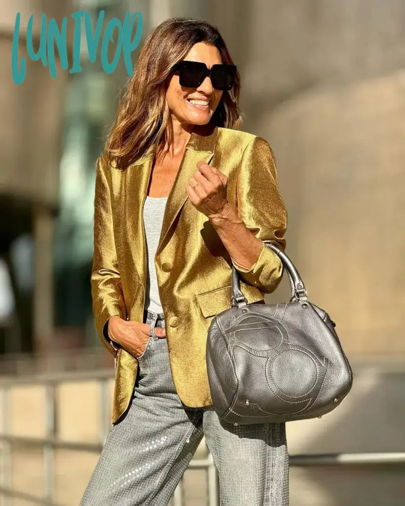 Lunivop Autumn Gold Color Blazer Jacket For Women Fashion Loose V Neck Long Sleeve Coat  Elegant Lady Chic Party Streetwear New Front Pockets Side Pockets Patch Pockets