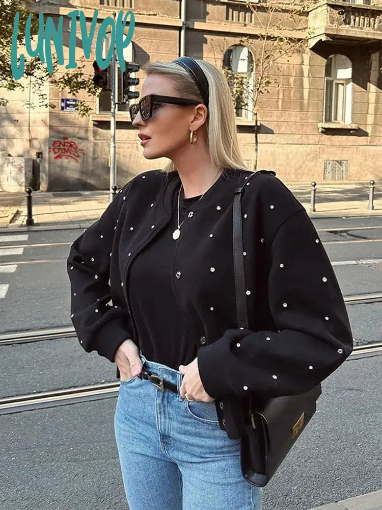 Lunivop Women Elegant Felt Texture Rhinestone Cropped Bomber Jacket Chic Round Neck Long Sleeves Pockets Coat Autumn Fashion Coats Mesh Jacket Canvas Jacket Denim Jacket