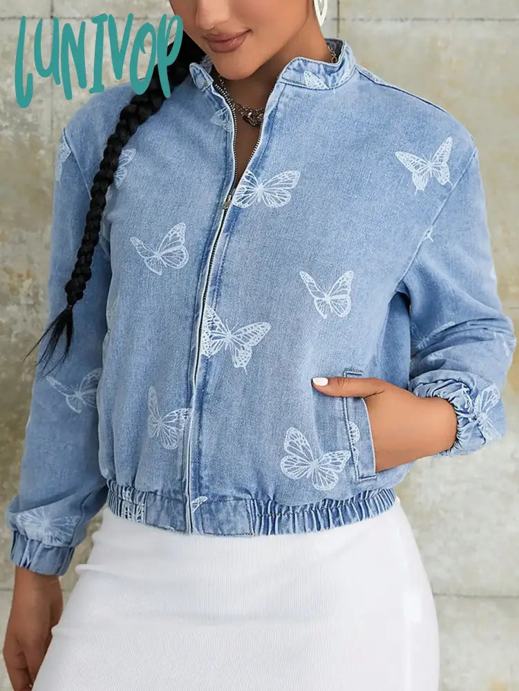 Lunivop Women Fashion Butterfly Print Zip Up Elastic Waist Drop Shoulder Denim Jacket Vintage Stand Collar Loose Jean Outerwear Cotton Jacket Linen Jacket Terry Jacket