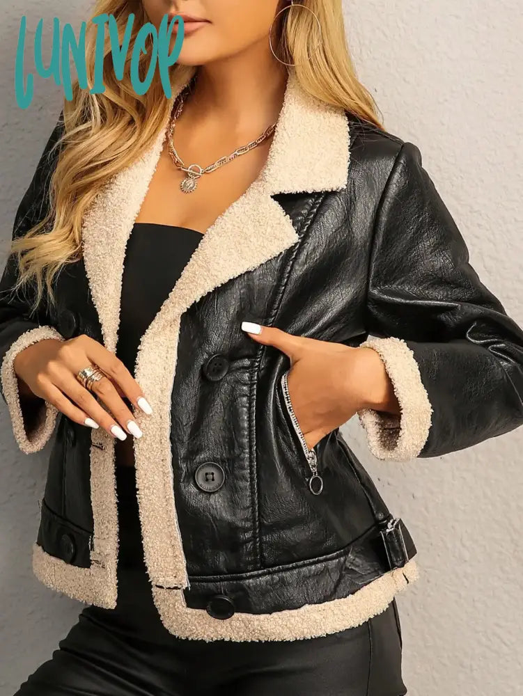 Lunivop  Women Fashion Chic Teddy Panel PU Leather Jacket Vintage Lapel Double Breasted Crop Outerwear Mujer Toggled Jacket Drawstring Jacket Belted Jacket