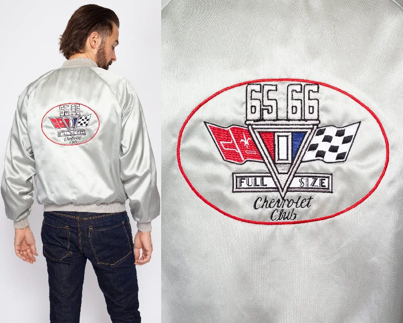 Medium 60s Chevrolet Car Club Silver Satin Jacket Tiered Jacket Buttoned Jacket Zippered Jacket