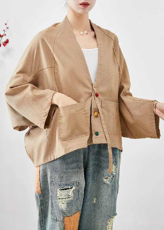 Plus Size Khaki Oversized Pockets Linen Jackets Batwing Sleeve Welt Pockets Slit Pockets Flap Pockets