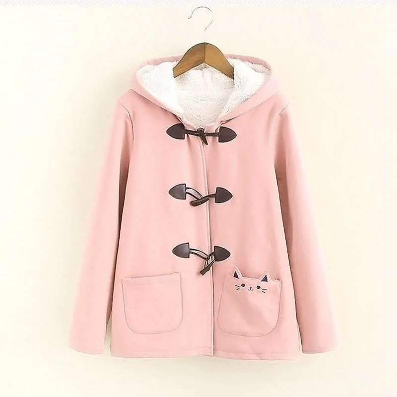 Warm Kawaii Pink/Black/Navy Embroidered Cat Hooded Ear Jacket YV2283 Oversized Jacket Tailored Jacket Straight Jacket