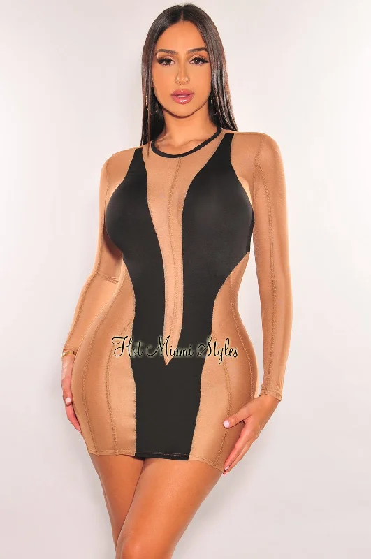 Black Nude Mesh Sheer Long Sleeve Mini Dress Trendy Lace Mini Dress