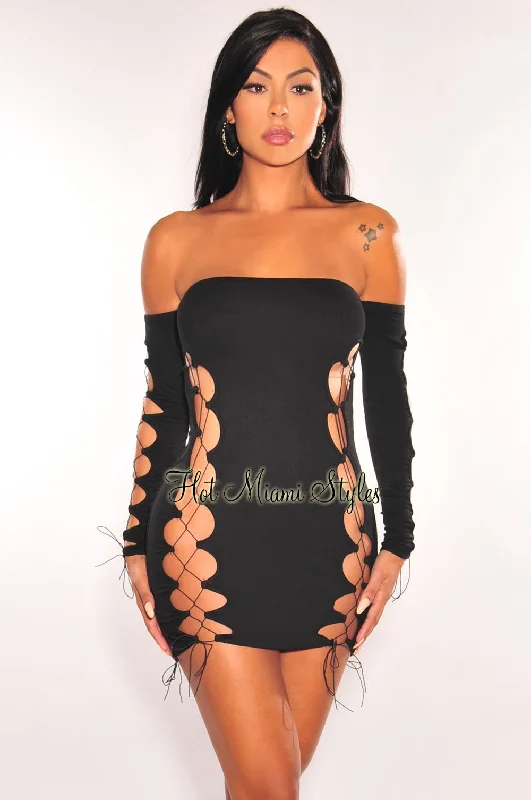 Black Off Shoulder Long Sleeve Lace Up Mini Dress Stylish Button-Down Mini Dress