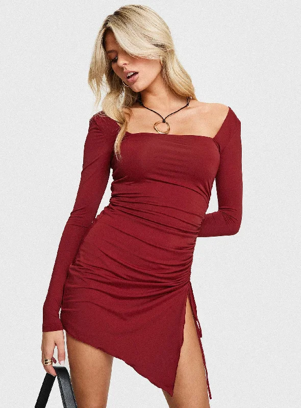 Caprani Long Sleeve Mini Dress Burgundy Fashionable Mini Dress with Slits