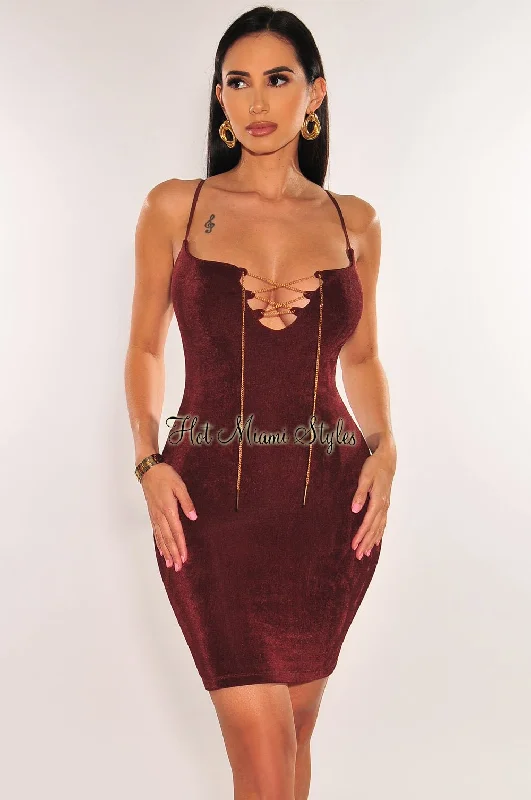 Chocolate Shimmery Spaghetti Strap Gold Chain Lace Up Mini Dress Trendy Mini Dress with Belt