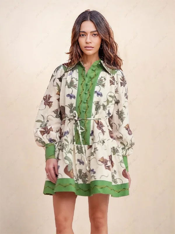 Unique Print Color Match Graceful Balloon Sleeve Shirt Mini Dress Fashionable Polka Dot Mini Dress