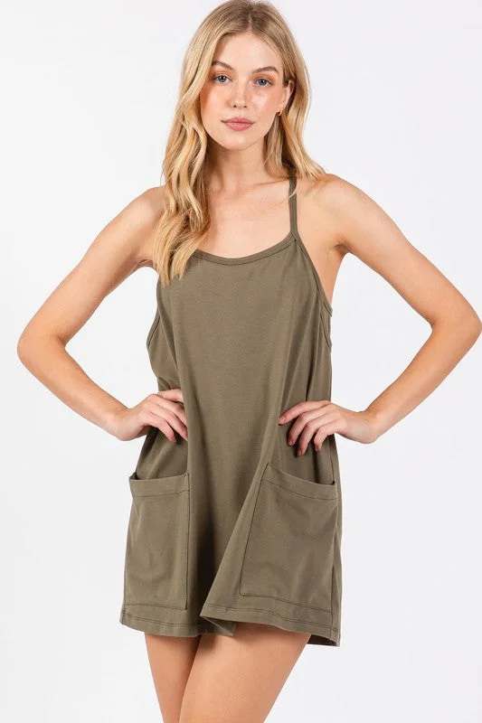 Cotton Cami Mini Dress w/ Romper Lining Trendy Cut-Out Mini Dress