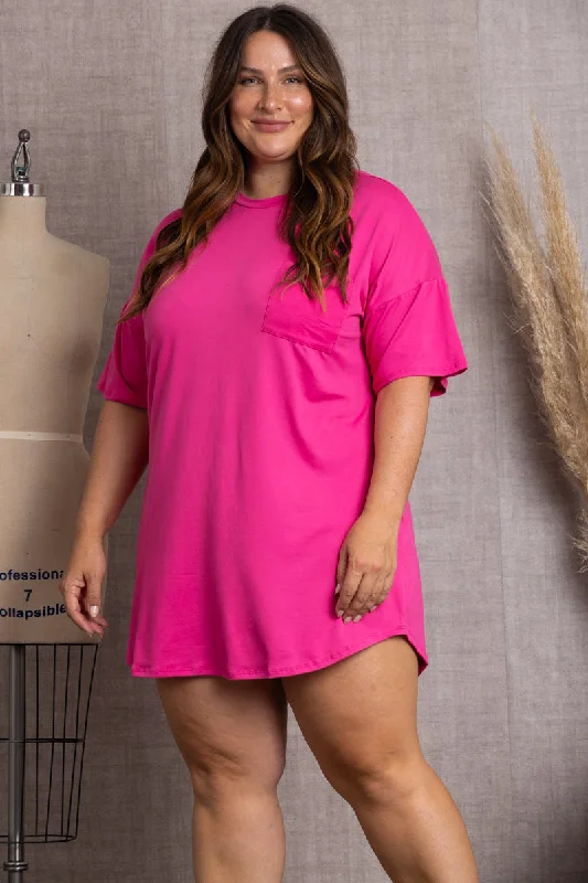 PINK PATCH POCKET SHORT SLEEVE PLUS SIZE T-SHIRT MINI DRESS-D7403 Elegant Satin Mini Dress