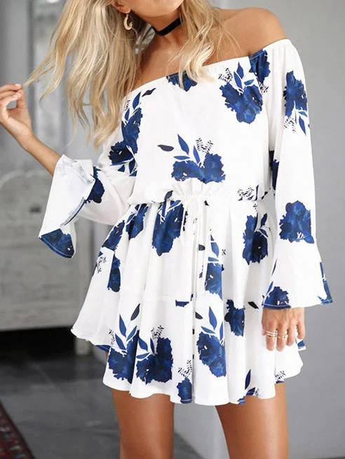 Floral Print Off The Shoulder Mini Dress Fashionable Lace-Trim Mini Dress