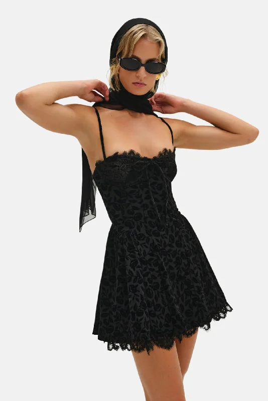 Midnight Velvet Sleeveless Mini Dress Black Fashionable Lace Mini Dress