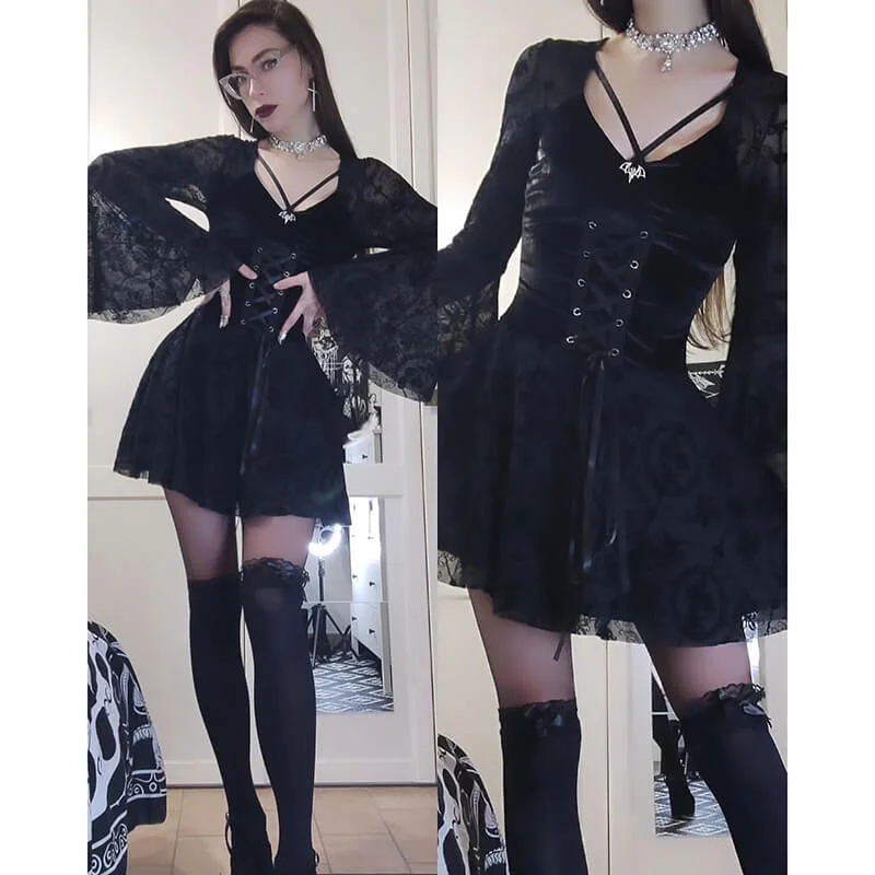 Gothic Bell Sleeves Lace Flocking Mini Dress Fashionable Button-Front Mini Dress