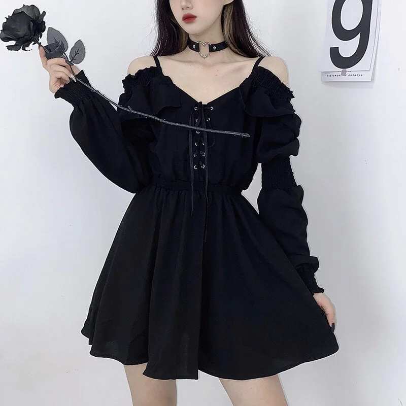 Gothic Black Off-Shoulder Lace Up Mini Dress Fashionable Party Mini Dress