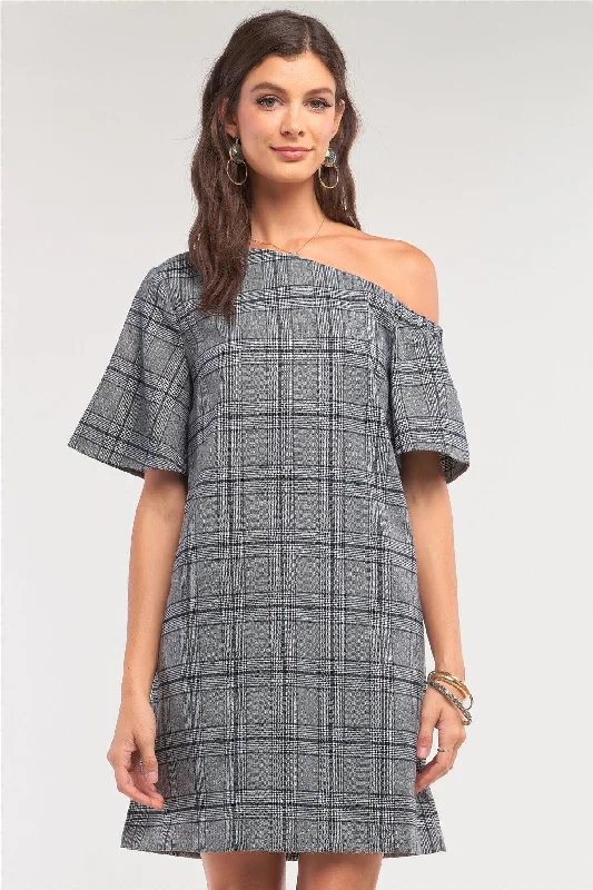 Grey Checkered One-Shoulder Relaxed Fit Mini Dress Trendy Floral Mini Dress