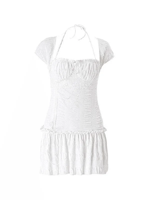 Lace-Up Ruffle Halter Mini Dress Comfortable Zip-Up Mini Dress