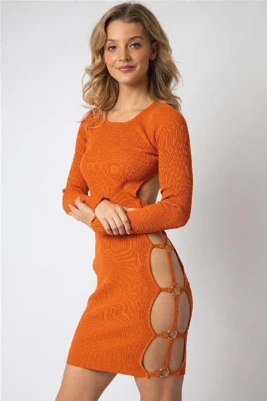 Orange Knit Gold Accent Ring Open Back Mini Dress Cozy Wraparound Mini Dress