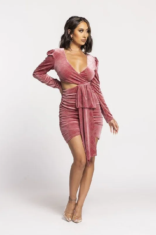 Porsha Pink Front Tie Long Sleeve Velvet Mini Dress Classic Floral Print Mini Dress