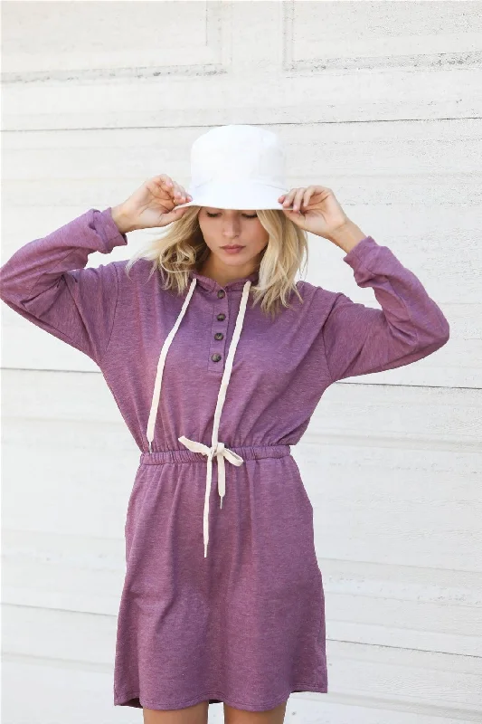 Plum Button Up Detail Hooded Long Sleeve Mini Dress /2-2-2 Fashionable Mini Dress with Pockets