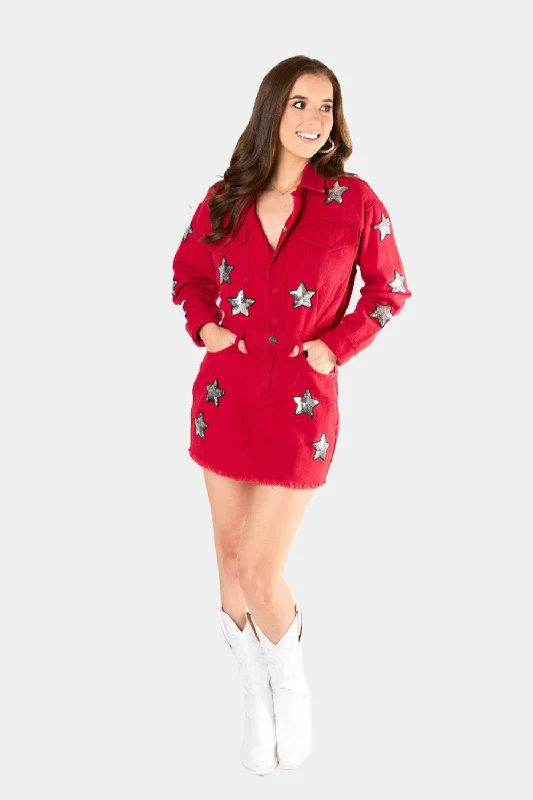 Raelynn Denim Mini Dress - Red Chic Tropical Mini Dress