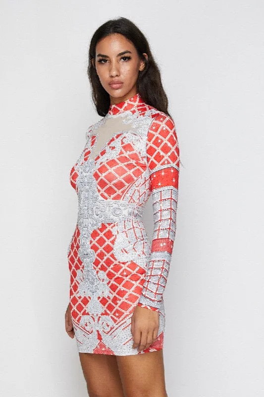 Red Print Long Sleeve Rhinestone Mini Dress Classic Floral Mini Dress