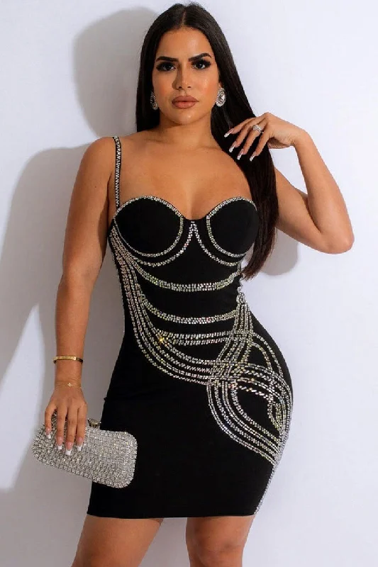 Sexy Rhinestone Trim Sweetheart Sleeveless Bodycon Party Mini Dress - Black Trendy Cut-Out Mini Dress