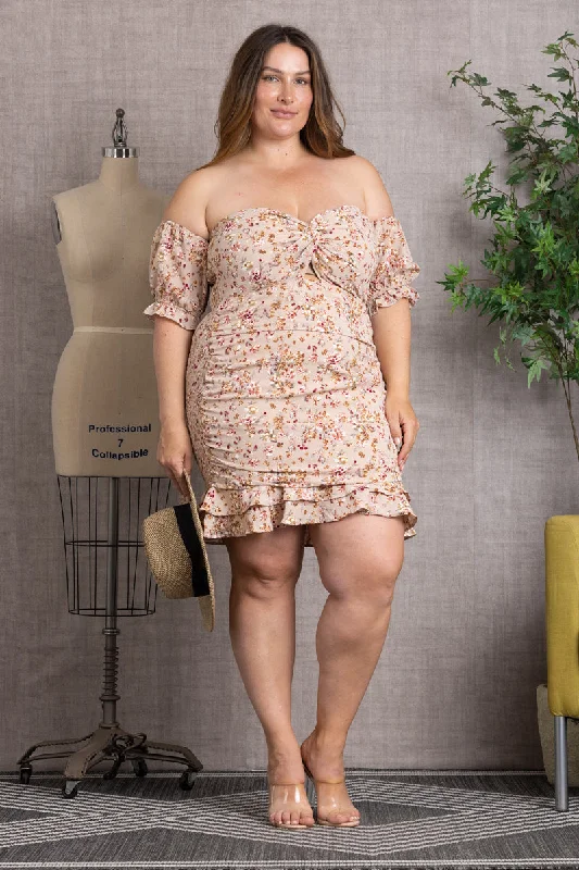 SMOCKED FLORAL PRINT OFF SHOULDER PLUS SIZE MINI DRESS D4565X Cozy T-Shirt Mini Dress