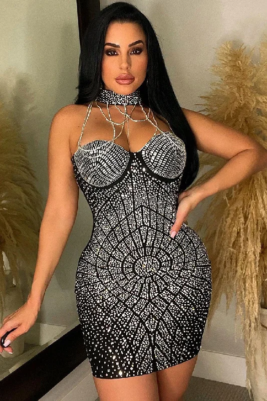 Sparkly Rhinestone Chain Halter Sweetheart Bodycon Party Mini Dress - Black Casual Button-Up Mini Dress