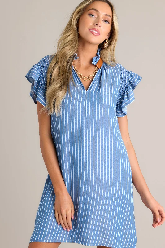 The Small Things Blue Stripe Flutter Sleeve Mini Dress Trendy Off-Shoulder Dress Mini