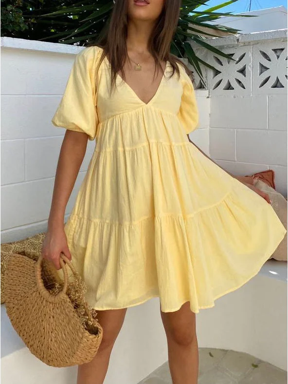 V Neck Puff Sleeve Patchwork Mini Dress Trendy Off-Shoulder Dress Mini