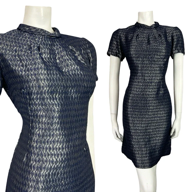 VTG 60S NAVY BLUE STEEL GREY SHINY DIAMOND GEOMETRIC MOD PARTY MINI DRESS 12 Elegant Mini Dress with Pleats