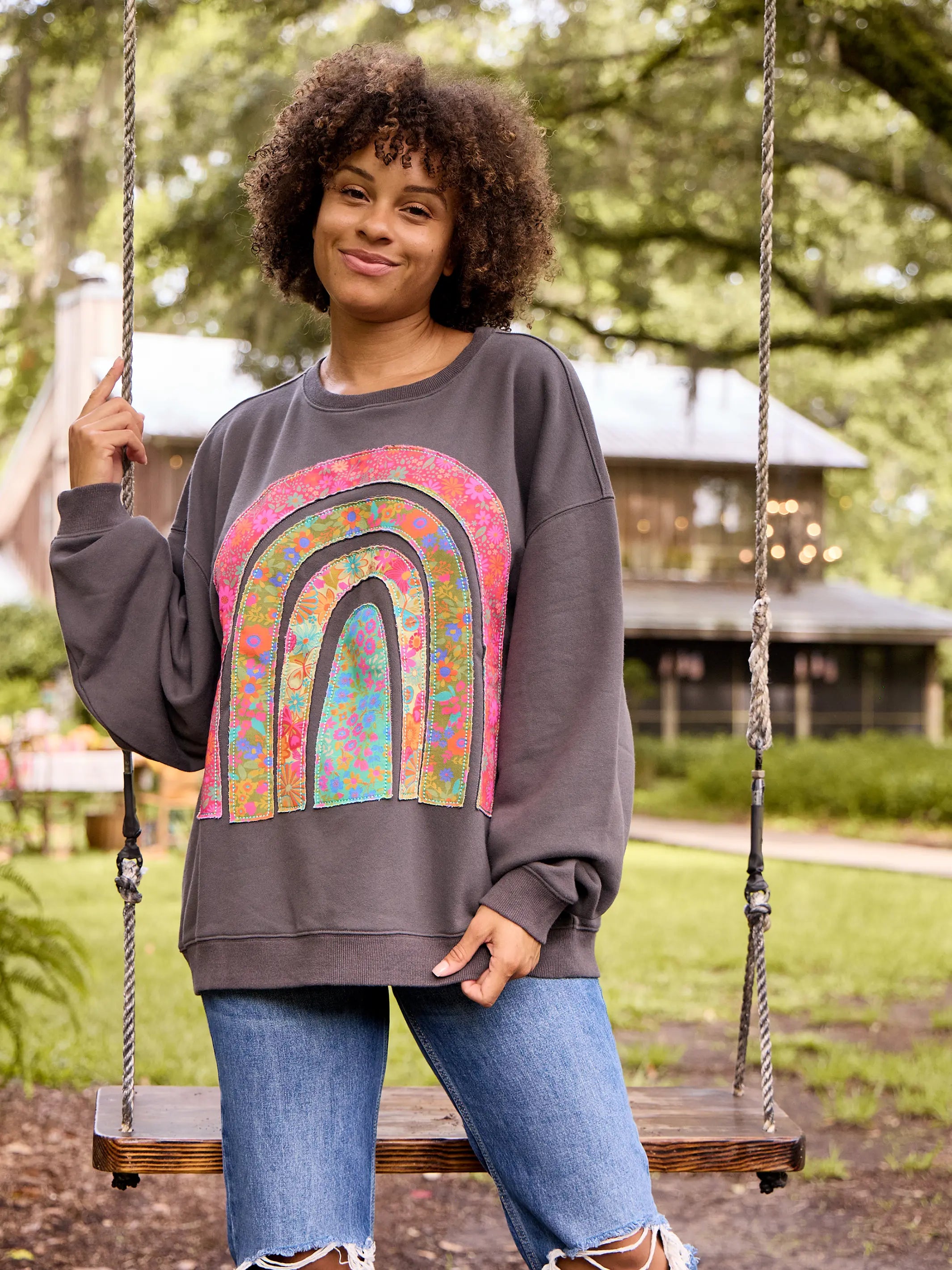 Applique Crewneck Sweatshirt - Charcoal Rainbow Hoodie with Drawcord Adjustable Secure