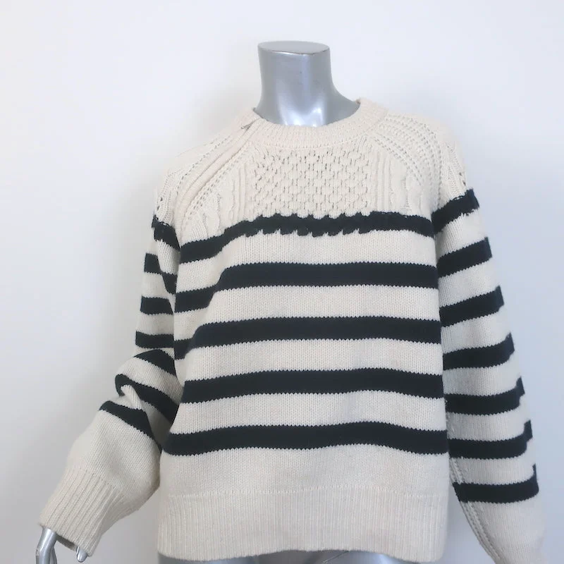 Ba&sh Palo Mixed Knit Shoulder-Zip Sweater Ecru/Navy Striped Wool Size 2 Spandex Blend Rayon Blend Denim Blend