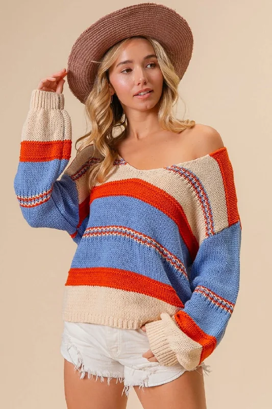 BiBi Multi Color Stripe Scoop Neck Sweater Mesh Sweater Canvas Denim