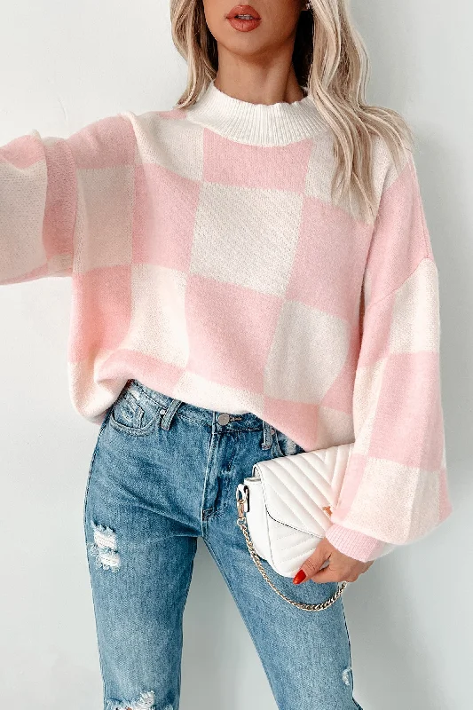 Cafe Meet Ups Checkered Sweater (Pink/Ivory) Welt Pockets Slit Pockets Flap Pockets